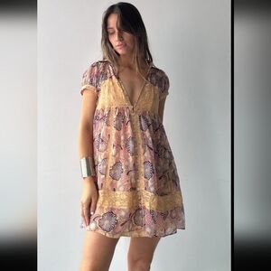 Free People Anna Sui Rosie Babydoll Floral Lace Boho Whimsy Mini Pink Dress XS